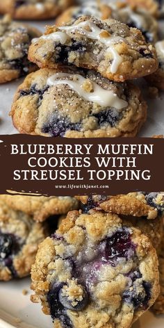 blueberry muffin cookies with streusel topping on a white plate and text overlay