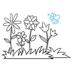 flowers and a bee flying in the sky coloring page for kids, with black lines on white paper