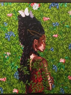 a painting of a woman with long hair and flowers in her hair, surrounded by green foliage