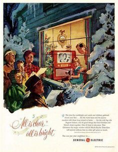 an advertisement for general electric's christmas lights, with people looking out the window