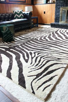 a zebra print rug in a living room