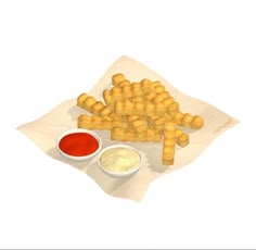 a bunch of french fries sitting on top of a napkin next to ketchup