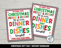 two christmas dinner and dishes printables for the holiday season, on a wooden background