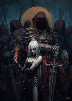 a woman with white hair standing in front of a giant demonic demon and holding two swords