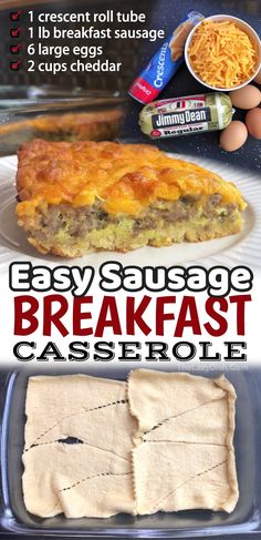 an easy sausage breakfast casserole recipe is shown in this collage with text overlay