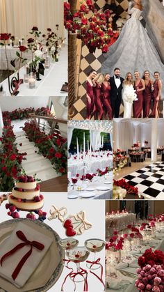 a collage of photos with red and white flowers on the table, wedding cake, bride and groom in tuxedos