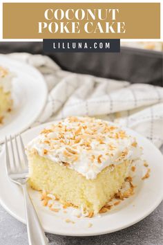 a slice of coconut poke cake on a white plate with a fork next to it