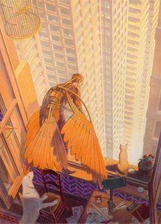 a painting of an orange bird flying in the air over a city with tall buildings