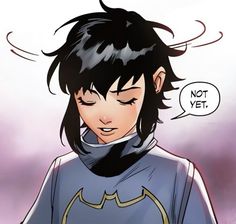 an anime character with black hair wearing a blue outfit and a speech bubble above her head