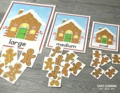 gingerbread cutouts and matching cards with the words large, small, and medium