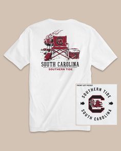 The back view of the USC Gamecocks Gameday BBQ Tailgate T-Shirt by Southern Tide - Classic White Father Son Outfits, Gameday Food, Usc Gamecocks, Alpha Gamma Delta, Boys Swim Trunks, College Town, Game Day Shirts, Boys Swim, Sorority Shirts