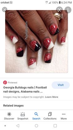 Uga Nails Design, Georgia Bulldogs Nails Designs, Ou Nails Boomer Sooner, Husker Nails Designs, Ohio State Buckeyes Nails, Fall Football Nails, Theatre Nails, Football Season Nails, Alabama Football Nails