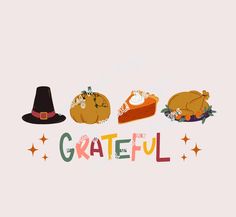 the words grateful written in different languages with turkeys and pumpkins on them, as well as a witch's hat