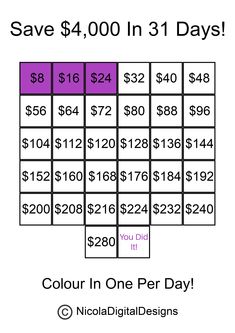 the $ 4 00 in 3 days color in one per day with purple and white squares