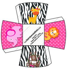 an origami box with animals and zebras on the front, in pink