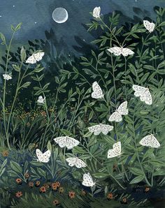 a painting of white butterflies flying in the night sky over flowers and grass with a full moon behind them