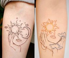 two tattoos on the legs of people with sun, moon and clouds in their hands