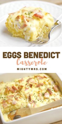 eggs benedict casserole with ham and cheese in a white dish on a wooden table