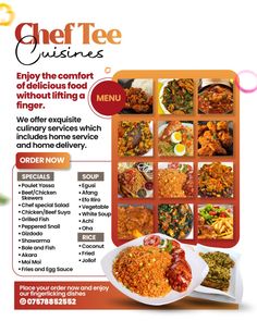 the menu for chef fee cuisines is shown in red and orange, with an image of