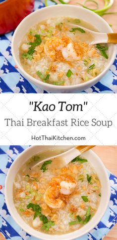 two bowls of thai rice soup with shrimp