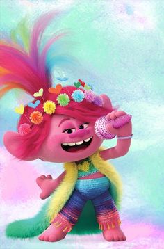 a cartoon character with pink hair and flowers on her head, holding a cell phone