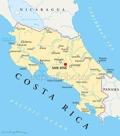 map of costa rica with the capital and major cities in red, on blue water