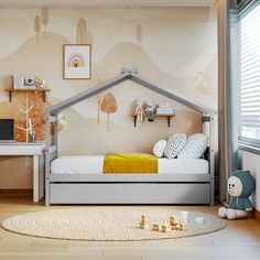 a child's bedroom with a bed and desk