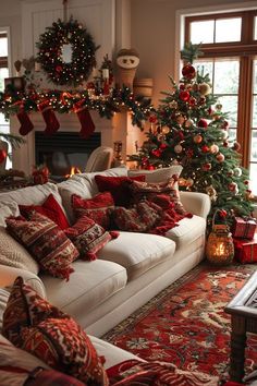 a living room filled with furniture and christmas decorations