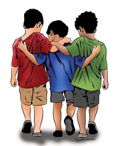 three boys hugging each other while standing next to each other