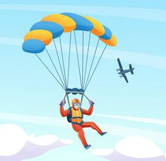 a man is parachuting in the sky with an airplane flying by behind him