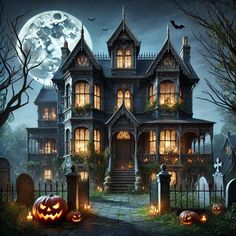 a halloween house with pumpkins on the ground