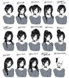 an anime character's hair chart with different hairstyles and facial expressions for each person