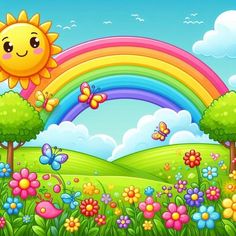 a rainbow in the sky with flowers and trees