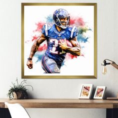 a watercolor painting of a football player running with the ball in his right hand