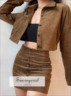 Women Brown Buttoned Cropped Corduroy Jacket and Corduroy Buttoned front Slim Mini Skirt Set Jacket And Skirt Set, Courduroy Outfit, Short Jacket Outfit Women, Corduroy Outfit Ideas, Skirts With Buttons, Corduroy Pattern, Short Jackets, Corderoy Outfits Women, Mini Jacket