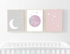 Moon and stars nursery prints set of 3Edie & Joe baby prints are a lovely way to decorate your babies nursery or child's bedroom and are available to buy ready printed or as a PDF file to print at home! (see separate listing)This set of 3 prints in pink, white and grey colour theme is perfect for any girls nursery or bedroom. They would make a great gift for a baby shower or newborn, as well as a perfect treat for yourself!It would make a great gift for a baby shower or newborn, as well as a Moon And Stars Nursery, Pink And Gray Nursery, Stars Nursery, Nursery Prints Girl, Prints For Nursery, Babies Nursery, Prints Pink, Moon Nursery, Baby Poster