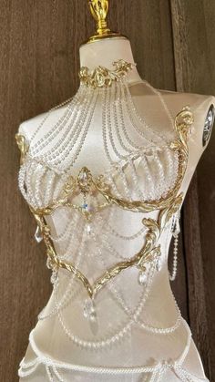 Unconventional Materials Fashion, Fairytale Wedding Dresses, Mermaid Outfits, White And Gold Dress, Oc Clothes, Beads Clothes, Dress With Beads, Fancy Outfit, Fancy Clothes