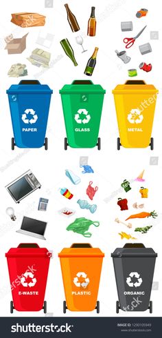 various trash cans and recyclables in different colors on a white background