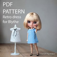 a doll is standing next to a dress on a mannequin stand with the caption, pattern retro dress for blythe