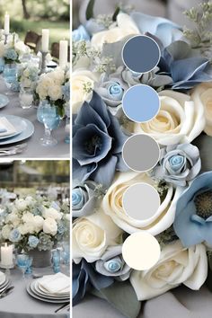 the table is set with blue and white flowers