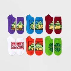 six pairs of socks with teenage turtles on them and the saying be best pizza in this town