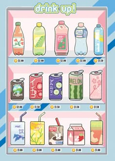 a vending machine with different types of drinks on it's display shelf and the words drink up