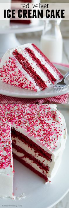 a red velvet ice cream cake on a plate with a slice cut out and ready to be eaten