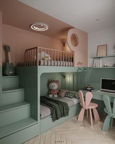 a child's bedroom with bunk beds, desk and computer on the wall next to stairs