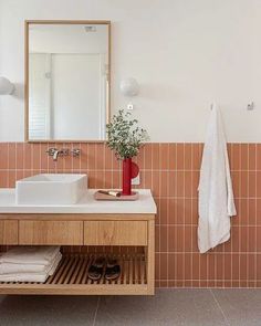 a bathroom with a sink, mirror and towel rack in it's center area