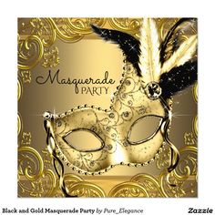 a masquerade party card with a gold mask and feathers on the front,