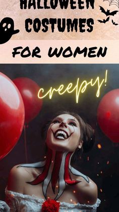 halloween costumes for women creepy with balloons in the background and text overlaying it