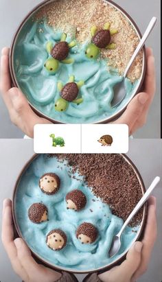 two pictures with different foods in them and the same one has an animal on it