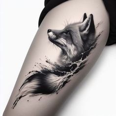 a woman's thigh with a black and white tattoo of a fox