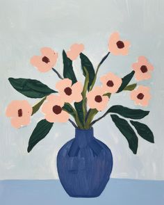 a painting of pink flowers in a blue vase